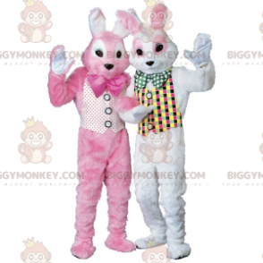 2 mascotte BIGGYMONKEY™ di conigli bianchi e rosa -