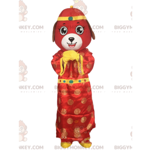 Rødt hundekostume, asiatisk kostume, kinesisk skilt -