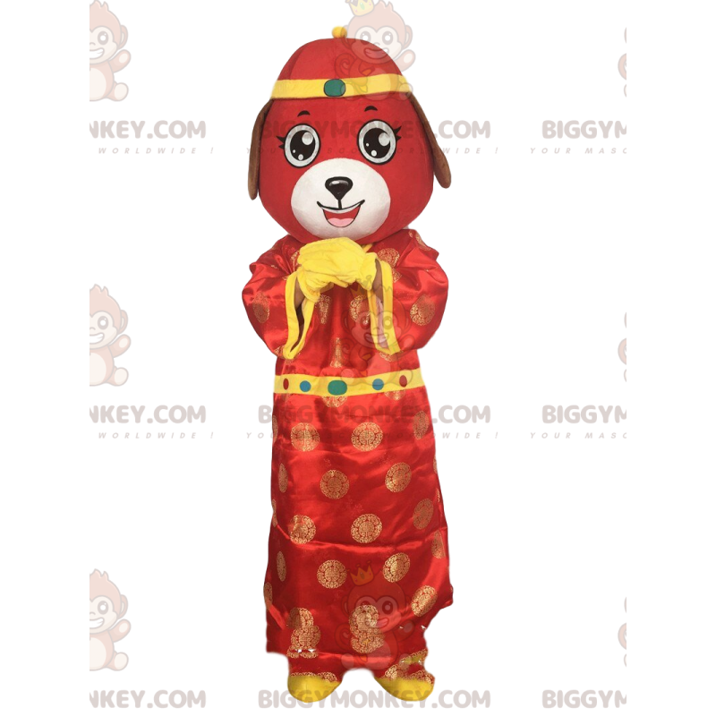 Rødt hundekostume, asiatisk kostume, kinesisk skilt -