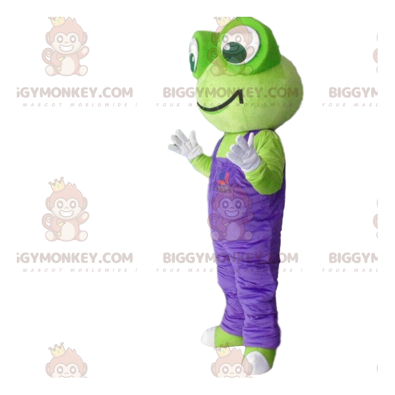 BIGGYMONKEY™ maskottiasu, vihreä sammakko violetilla haalareilla - Sammakon maskotit - BIGGYMONKEY_010688 - BiggyMonkey.com
