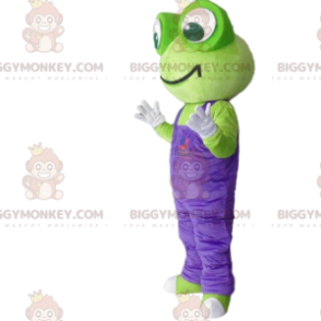 BIGGYMONKEY™ maskottiasu, vihreä sammakko violetilla haalareilla - Sammakon maskotit - BIGGYMONKEY_010688 - BiggyMonkey.com