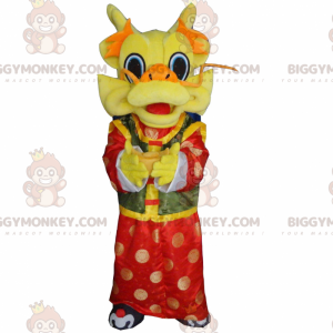 Disfraz de mascota de dragón chino amarillo, rojo y verde de