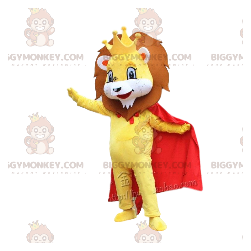 Disfraz de mascota BIGGYMONKEY™ León amarillo con capa y corona Disfraz de mascota BIGGYMONKEY™ León amarillo con capa y corona