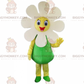 Giant White Flower BIGGYMONKEY™ maskottiasu, hymyilevä päivänkakkara-asu - Istuta maskotteja - BiggyMonkey.com