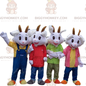 4 BIGGYMONKEY™s mascot white goats dressed in colorful outfits