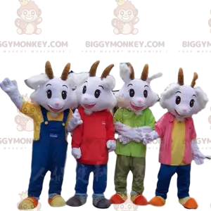 4 λευκές κατσίκες μασκότ BIGGYMONKEY™ ντυμένες με πολύχρωμα