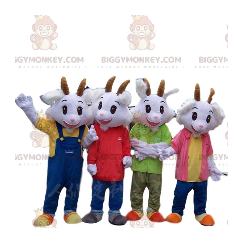 4 mascottes BIGGYMONKEY™ de chèvres blanches habillées en 4 mascottes BIGGYMONKEY™ de chèvres blanches habillées en