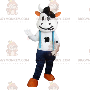 Cow BIGGYMONKEY™ mascot costume with jeans and suspenders.