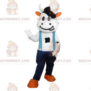 Koe BIGGYMONKEY™ mascottekostuum met jeans en bretels. gigantische koe - Koe mascottes - BIGGYMONKEY_010724 - BiggyMonkey.com