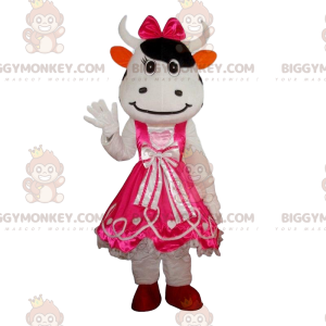 BIGGYMONKEY™ Λευκή στολή μασκότ αγελάδας με φόρεμα, ροζ