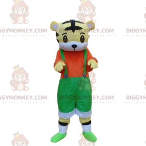 Tiger cub BIGGYMONKEY™ mascot costume with overalls, tiger