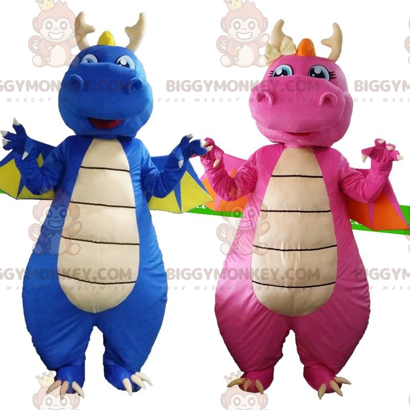 Drakkostymer, en blå och en rosa, 2 drakar - BiggyMonkey maskot Drakkostymer, en blå och en rosa, 2 drakar - BiggyMonkey maskot