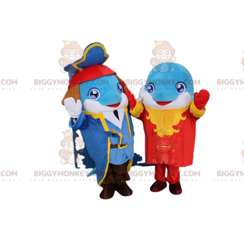 2 mascote Dolphin BIGGYMONKEY™ com roupas elegantes de pirata –