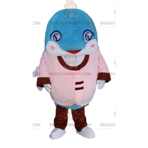 Blå och vit delfin BIGGYMONKEY™ maskotdräkt klädd i rosa och