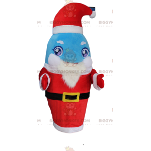 Blue and white dolphin costume dressed as Santa Claus -
