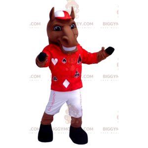 BIGGYMONKEY™ Mascot Costume Brown Horse In Jockey Outfit -