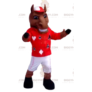 BIGGYMONKEY™ Maskottchenkostüm Braunes Pferd im Jockey-Outfit -