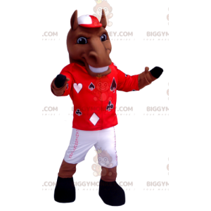 Traje de mascote BIGGYMONKEY™ Cavalo marrom com roupa de jóquei