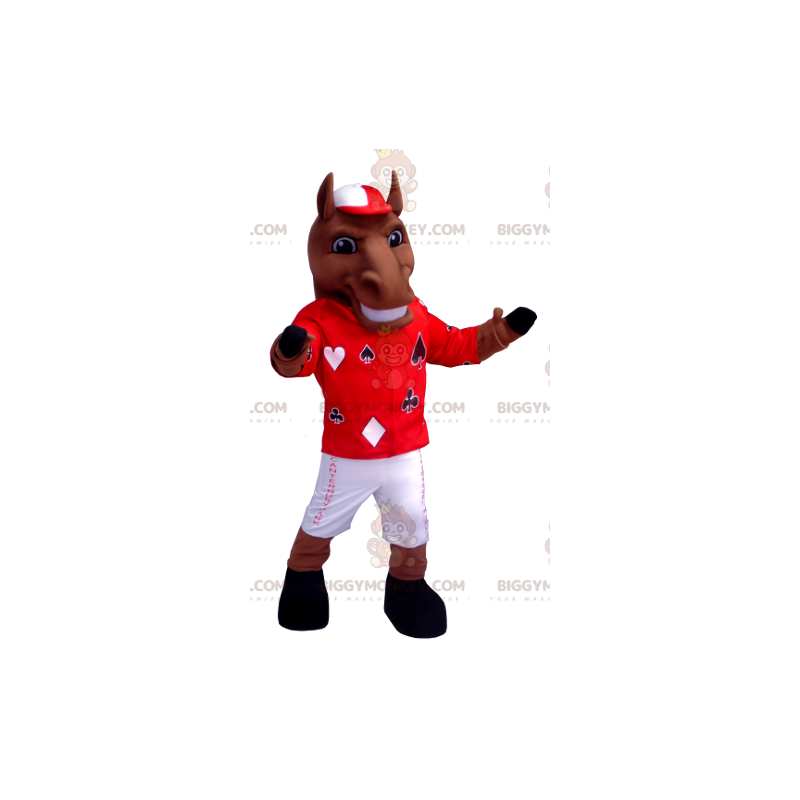 BIGGYMONKEY™ Maskotdräkt Brun häst i jockeyoutfit - BiggyMonkey BIGGYMONKEY™ Maskotdräkt Brun häst i jockeyoutfit - BiggyMonkey