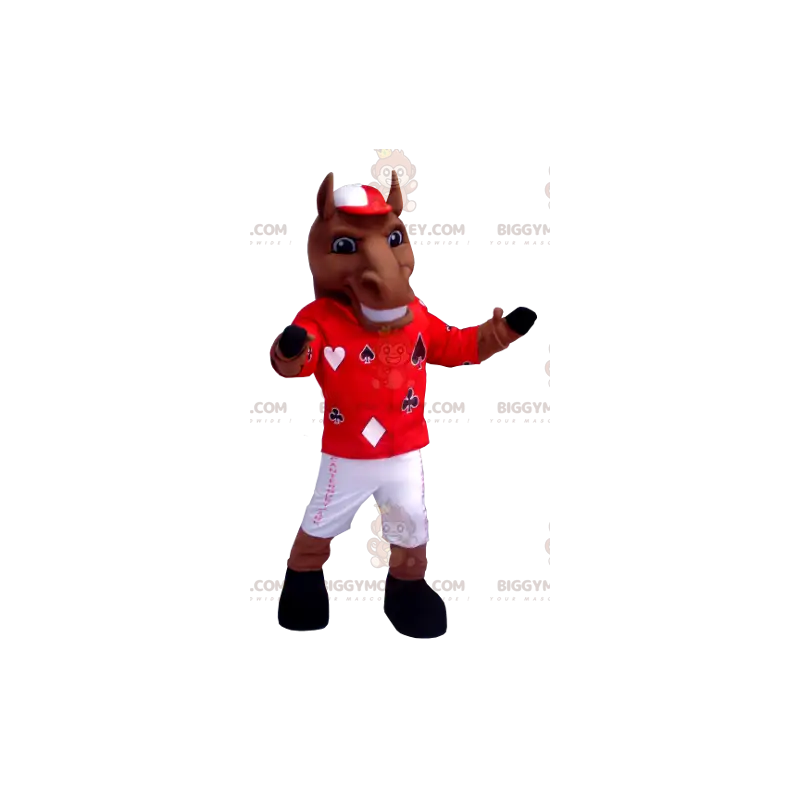BIGGYMONKEY™ Maskottchenkostüm Braunes Pferd im Jockey-Outfit - BIGGYMONKEY™ Maskottchenkostüm Braunes Pferd im Jockey-Outfit -