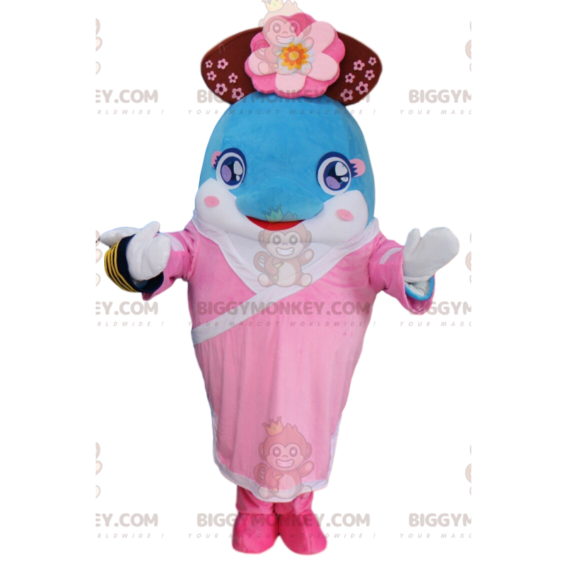Blue Dolphin BIGGYMONKEY™ Mascot Costume Dressed in Islands