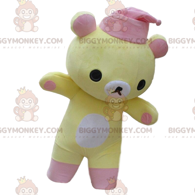 BIGGYMONKEY™ Maskotdräkt Gul och vit nalle med rosa nattmössa - BIGGYMONKEY™ Maskotdräkt Gul och vit nalle med rosa nattmössa -