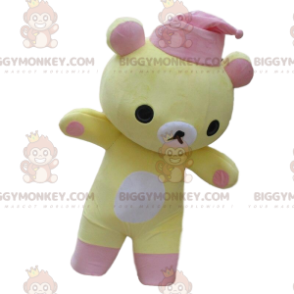 Kostým maskota BIGGYMONKEY™ Žlutý a bílý medvídek s růžovou čepicí - Maskot medvěda - BIGGYMONKEY_010777 - BiggyMonkey.com