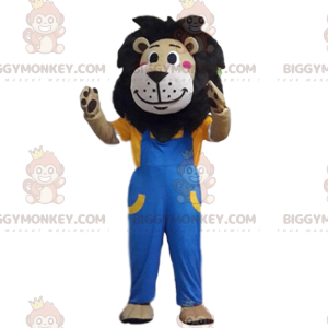 Brown lion BIGGYMONKEY™ mascot costume dressed in overalls