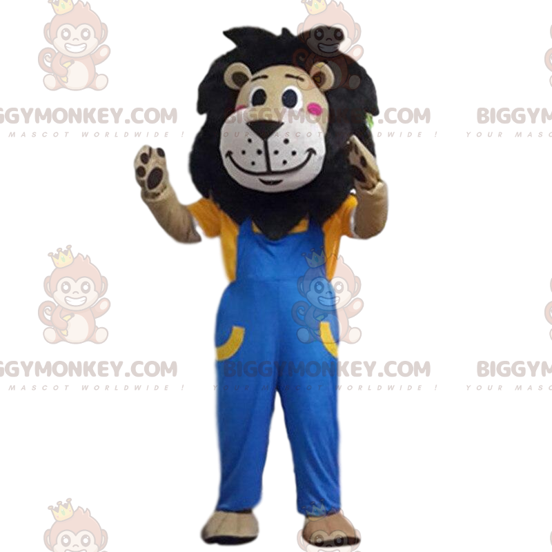 Brown lion BIGGYMONKEY™ mascot costume dressed in overalls