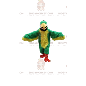 Traje de mascote BIGGYMONKEY™ de papagaio verde e amarelo