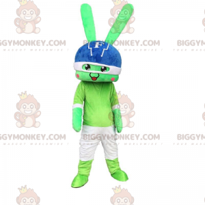 BIGGYMONKEY™ Maskottchenkostüm Grüner Hase, Riese mit Helm auf