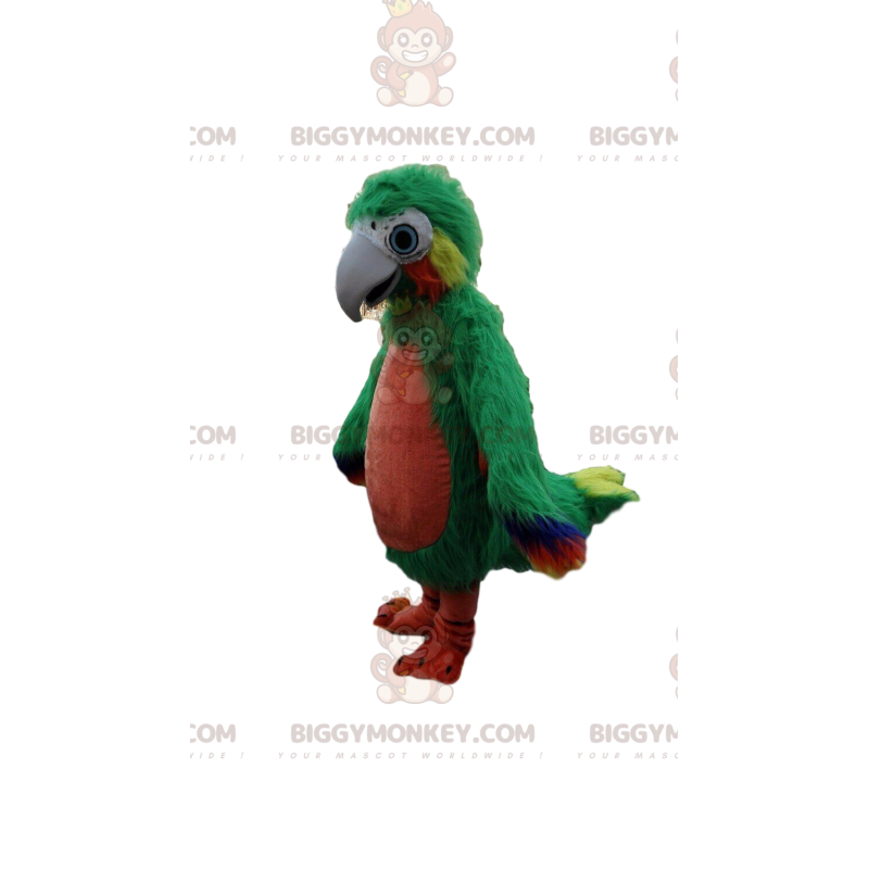 Traje de mascote de papagaio peludo gigante verde vermelho e Traje de mascote de papagaio peludo gigante verde vermelho e