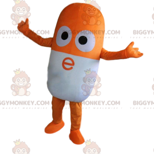 Costume de mascotte BIGGYMONKEY™ de pilule orange et blanche