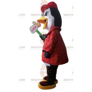BIGGYMONKEY™ Maskotdräkt Svartvit pingvin med röd kappa -