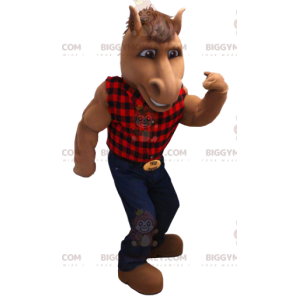 Brown Horse BIGGYMONKEY™ Mascot Costume with Plaid Shirt and