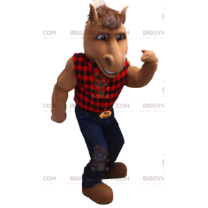 Bruin paard BIGGYMONKEY™ mascottekostuum met geruit overhemd en
