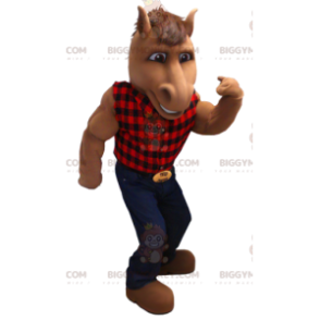 Brown Horse BIGGYMONKEY™ Mascot Costume with Plaid Shirt and