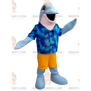 Kostium maskotka niebiesko-biały delfin BIGGYMONKEY™ z hawajską