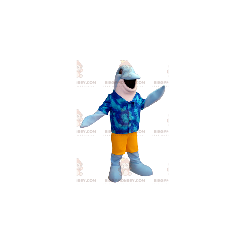 Blå och vit delfin BIGGYMONKEY™ maskotdräkt med hawaiisk Blå och vit delfin BIGGYMONKEY™ maskotdräkt med hawaiisk