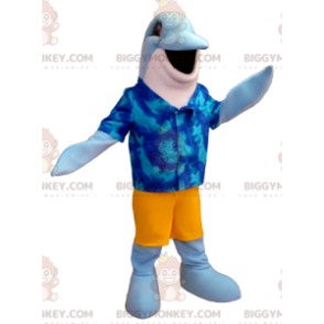Kostým modrobílého delfína BIGGYMONKEY™ maskota s havajskou košilí - Rybí maskoti - BIGGYMONKEY_01241 - BiggyMonkey.com