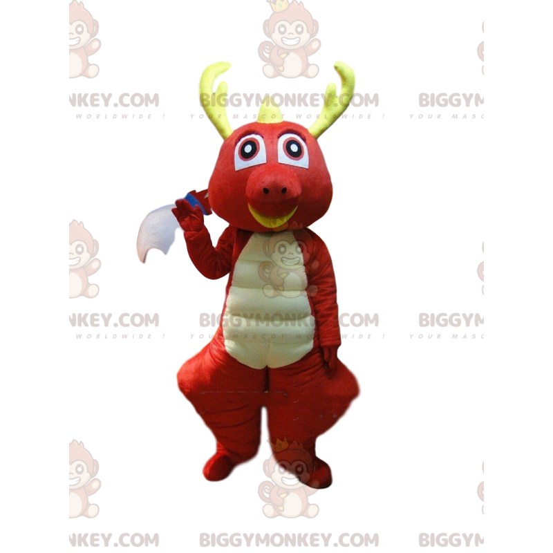 BIGGYMONKEY™ maskotkostume Rød og hvid drage med gule horn - BIGGYMONKEY™ maskotkostume Rød og hvid drage med gule horn -