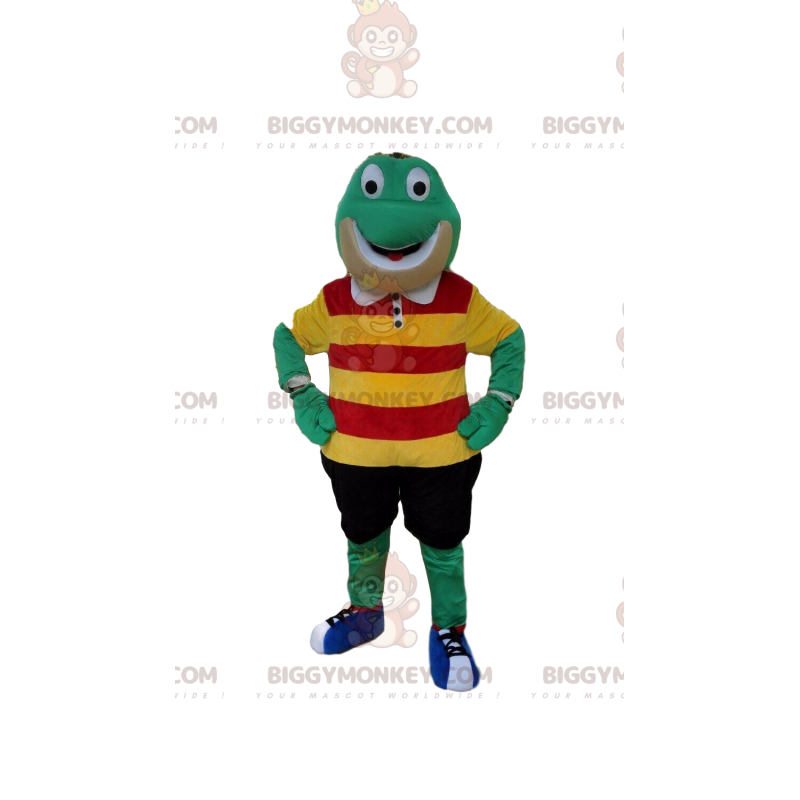 BIGGYMONKEY™ Grøn frømaskotkostume med farverigt tøj - BIGGYMONKEY™ Grøn frømaskotkostume med farverigt tøj -