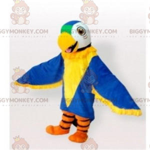 Traje de mascote de papagaio azul, amarelo, verde e branco