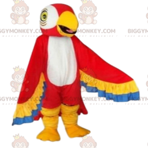 Kostým maskota červeného, žlutého, modrého a bílého papouška