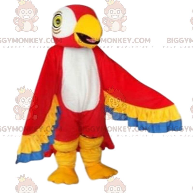 Traje de mascote de papagaio vermelho, amarelo, azul e branco Traje de mascote de papagaio vermelho, amarelo, azul e branco