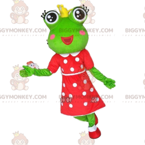 Green Frog BIGGYMONKEY™ Mascot Costume with Crown and Polka Dot