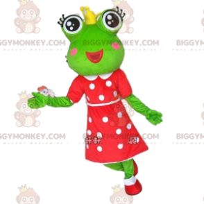 Kostium maskotka zielona żaba BIGGYMONKEY™ z koroną i sukienką w kropki - Maskotki żaba - BIGGYMONKEY_010844 - BiggyMonkey.com