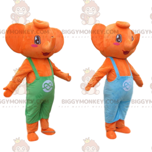 2 elefantes naranjas mascota de BIGGYMONKEY™ vestidos con monos