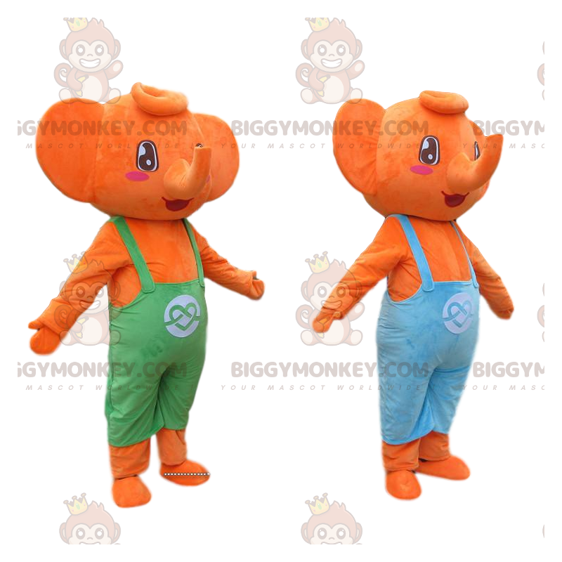 2 BIGGYMONKEY™s maskot oransje elefanter kledd i fargerike kjeledresser - Elefantmasker - BIGGYMONKEY_010848 - BiggyMonkey.com