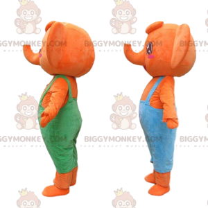2 BIGGYMONKEY™s maskot oransje elefanter kledd i fargerike kjeledresser - Elefantmasker - BIGGYMONKEY_010848 - BiggyMonkey.com